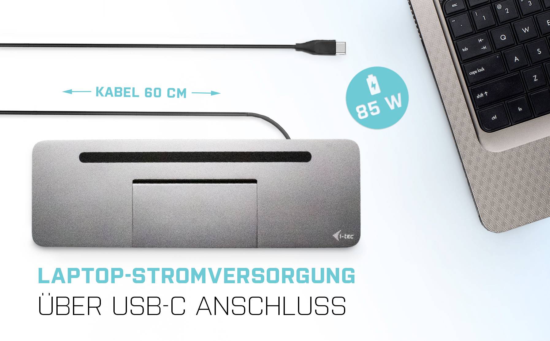 Dokovací stanice pro laptop s USB-C kabelem (60 cm) a výkonem 85 W. Umožňuje napájení přes USB-C port.