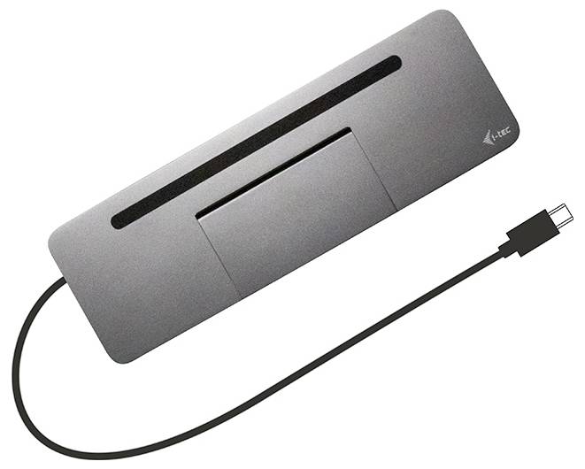 Šedá dokovací stanice s USB-C připojením, vhodná pro připojení více zařízení, v elegantním štíhlém designu.