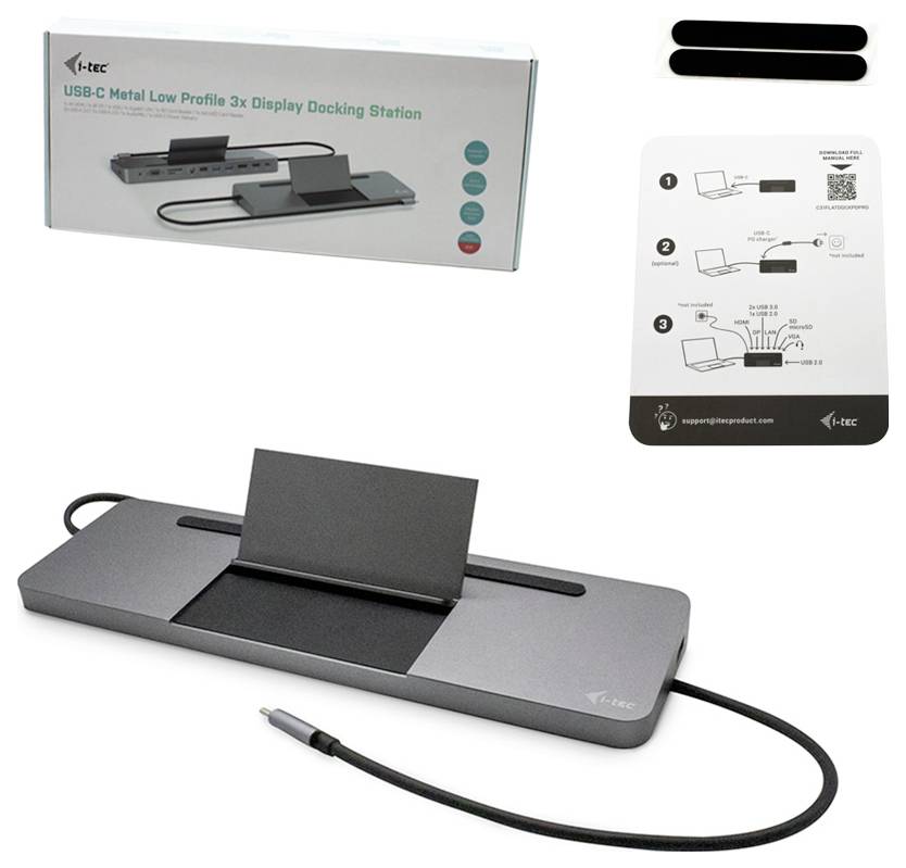 Dokovací stanice USB-C s nízkým profilem a funkcí pro 3 displeje. Včetně obalu, stručného návodu a kabelu.