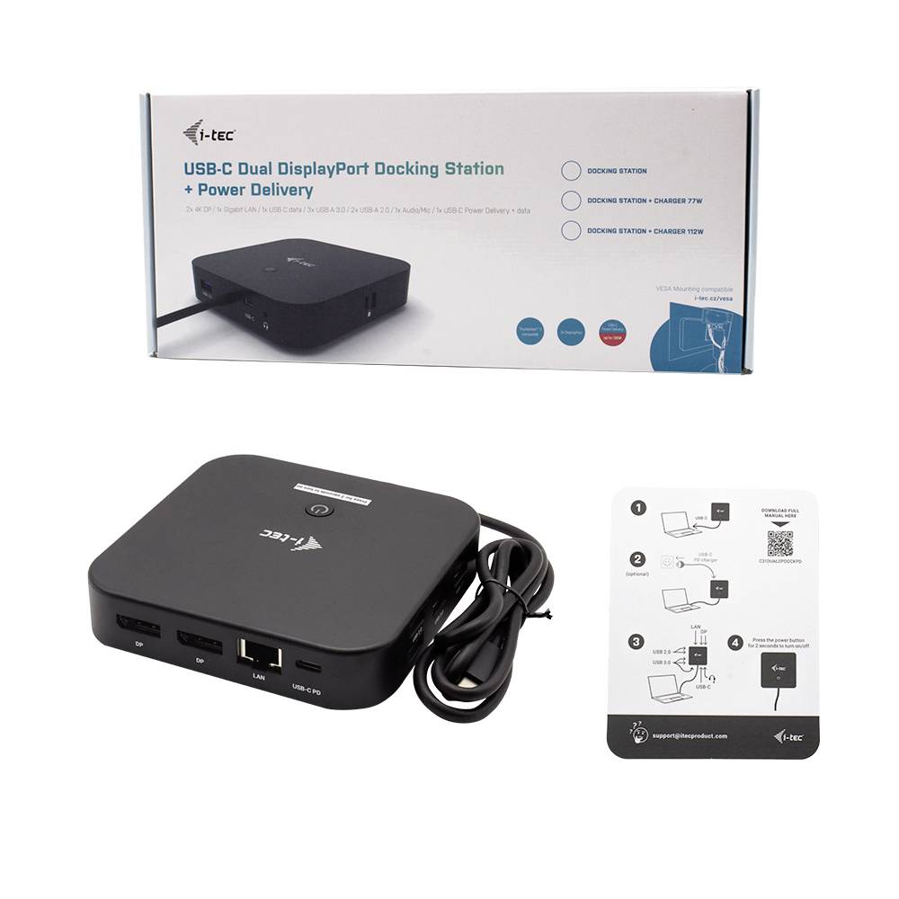 Černá dokovací stanice USB-C s konektory, ethernetovým portem a funkcí napájení, zobrazená včetně obalu.