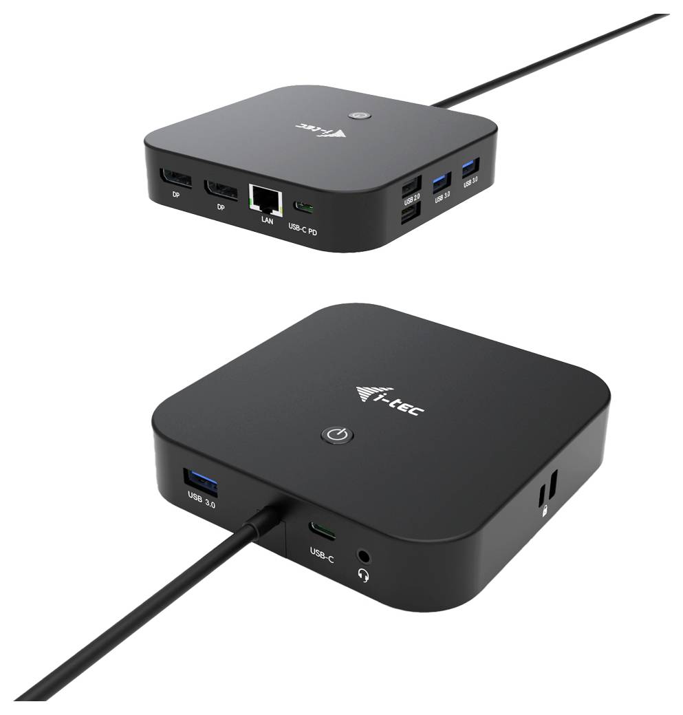 Černená dokovací stanice s několika porty, včetně USB, HDMI a Ethernetu, určená pro připojení zařízení a periferních zařízení.