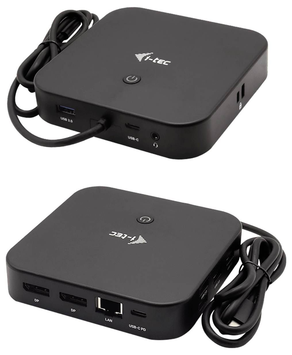 Externí dokovací stanice s multiple porty pro USB, LAN a DisplayPort. Dva USB kabely jsou připojeny k portům.