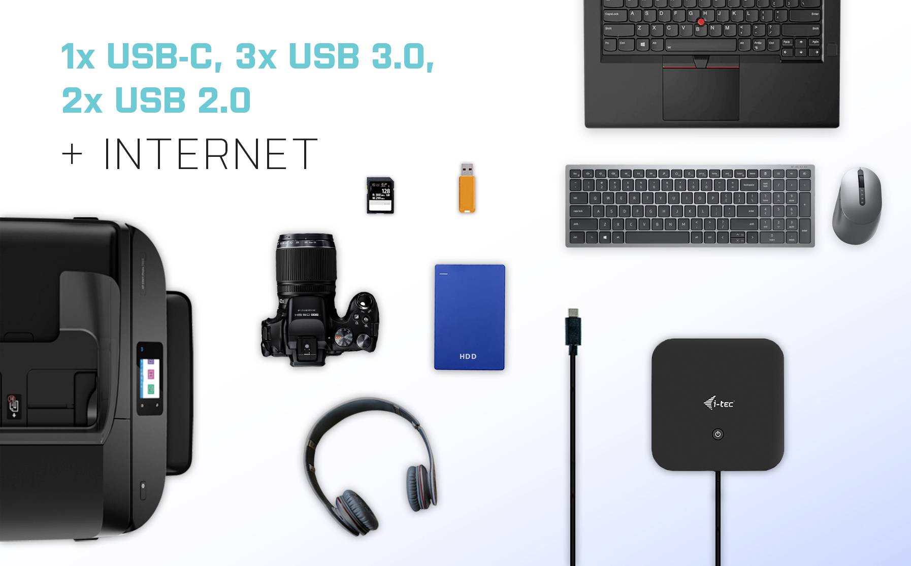 Tiskárna s USB zařízeními: fotoaparát, pevný disk, adaptér, myš, sluchátka a klávesnice. Text: '1x USB-C, 3x USB 3.0, 2x USB 2.0 + INTERNET'.