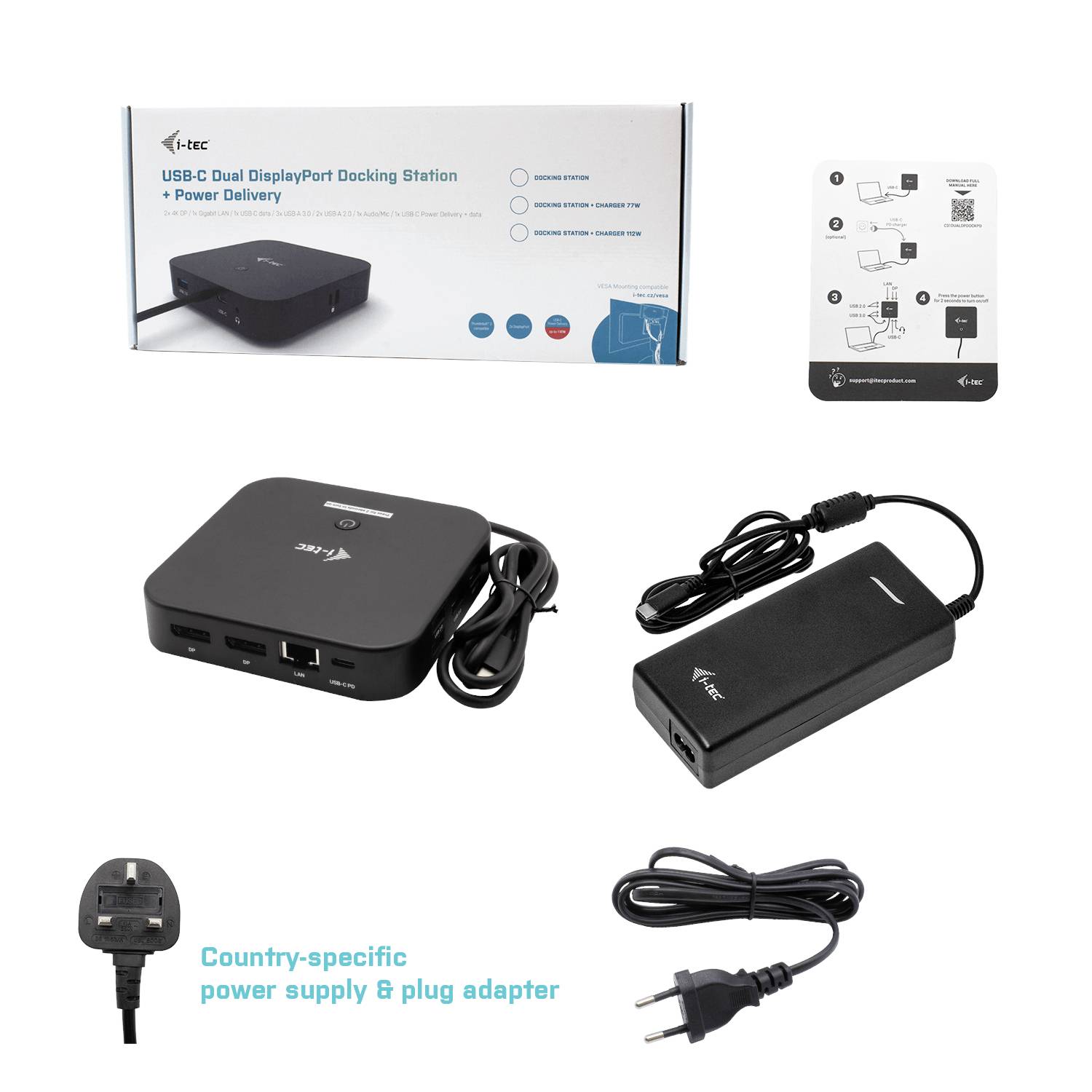 Dokovací stanice USB-C se dvěma DisplayPort porty, napájecím adaptérem a zemním adaptérem specifickým pro danou zemi. Na pozadí je obal a stručný návod k použití.
