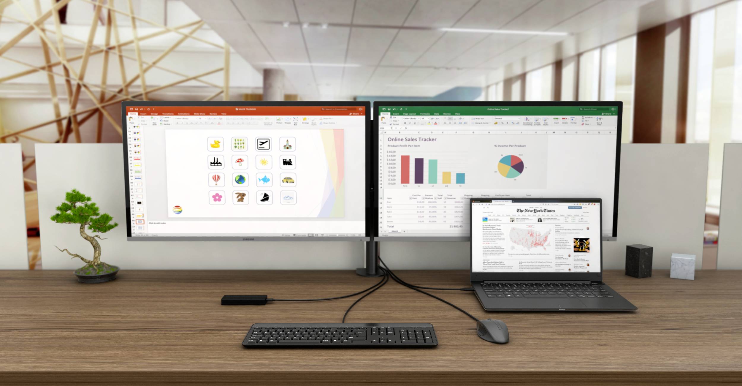 Psací stůl se dvěma velkými monitory zobrazuje prezentaci a tabulku Excel. Notebook ukazuje zprávy. Kancelářské pozadí.