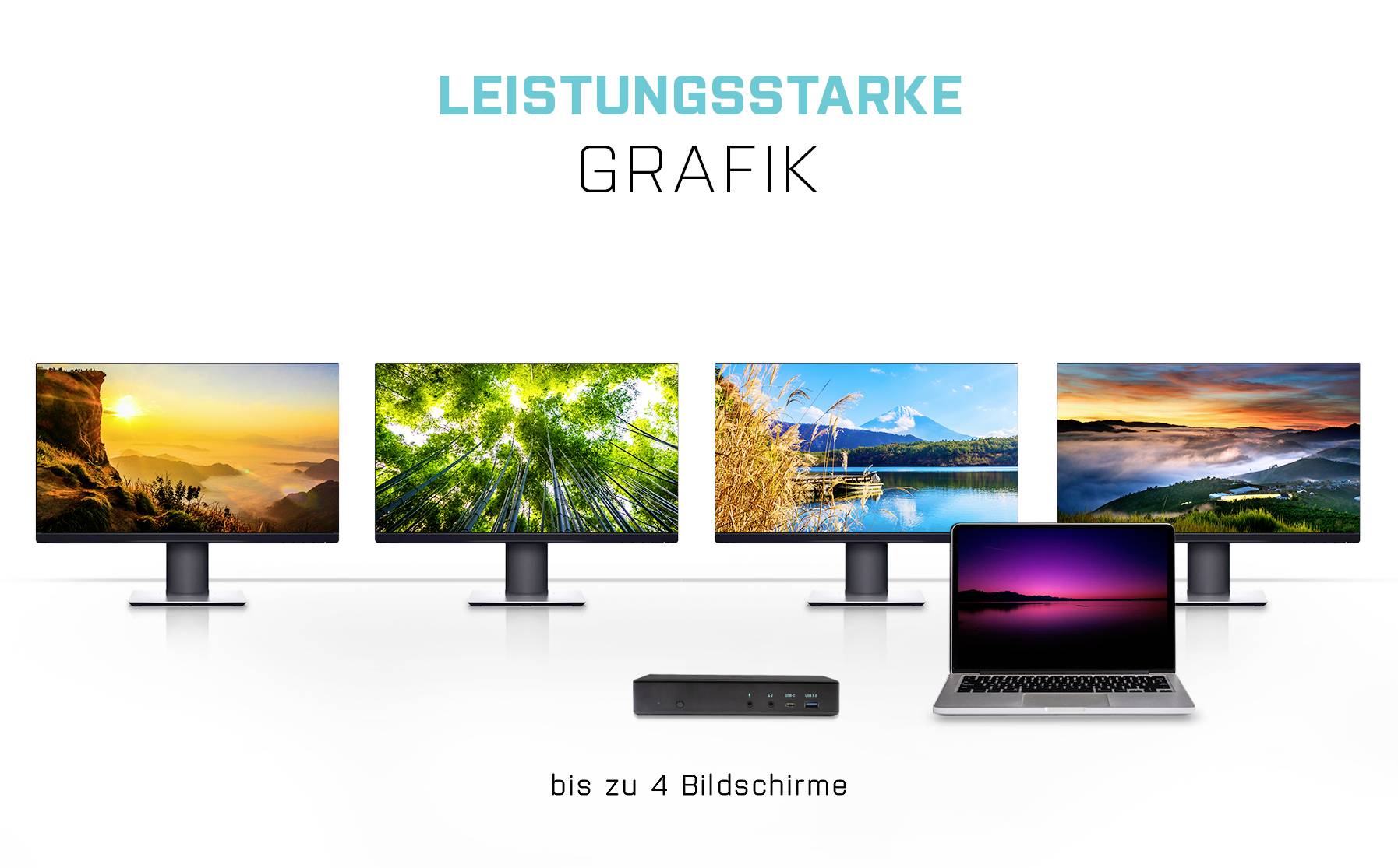 Čtyři monitory a jeden laptop zobrazují různé přírodní scenérie. Text nahoře: 'Výkonná grafika', dole: 'až 4 obrazovky'.