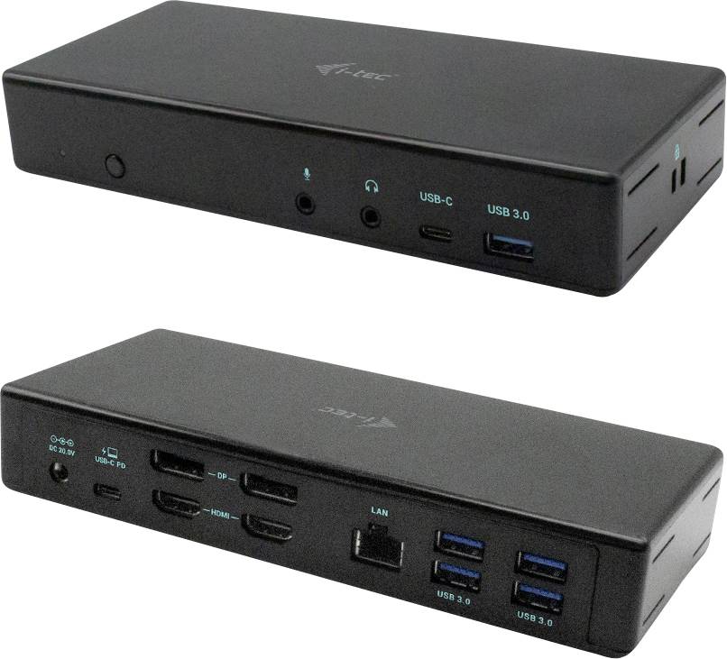 Černá dokovací stanice s různými porty: USB-C, USB 3.0, HDMI, LAN a audio konektory, zobrazení přední a zadní strany.