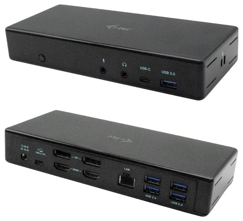 Černá dokovací stanice s více porty, včetně USB-C, USB 3.0, HDMI, LAN a audia. Hlavní zařízení pro připojení periferních zařízení.