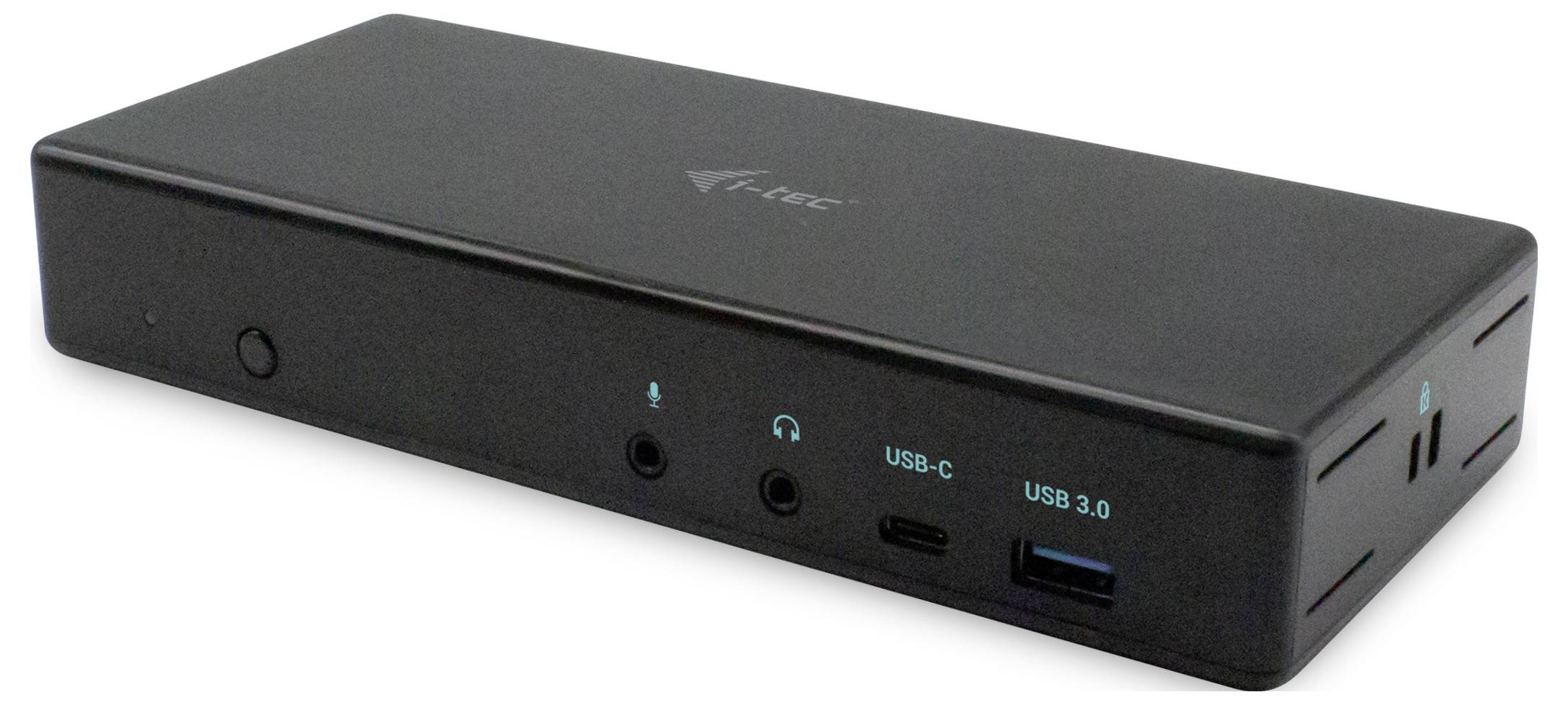 Černá dokovací stanice s porty: USB-C, USB 3.0 a konektor pro sluchátka. Slouží k připojení více zařízení.