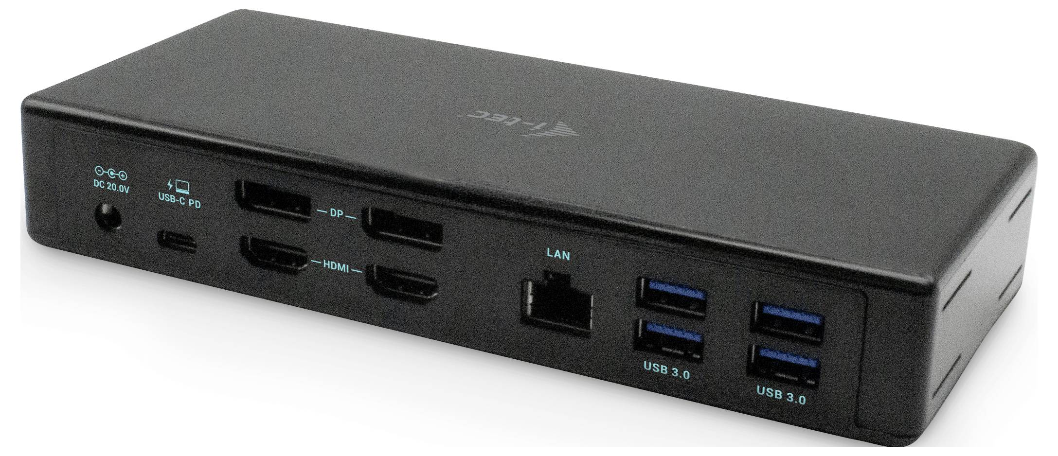 Černá, obdélníková dokovací stanice s konektory: HDMI, DisplayPort, LAN, USB-C a několika porty USB 3.0 pro počítače.