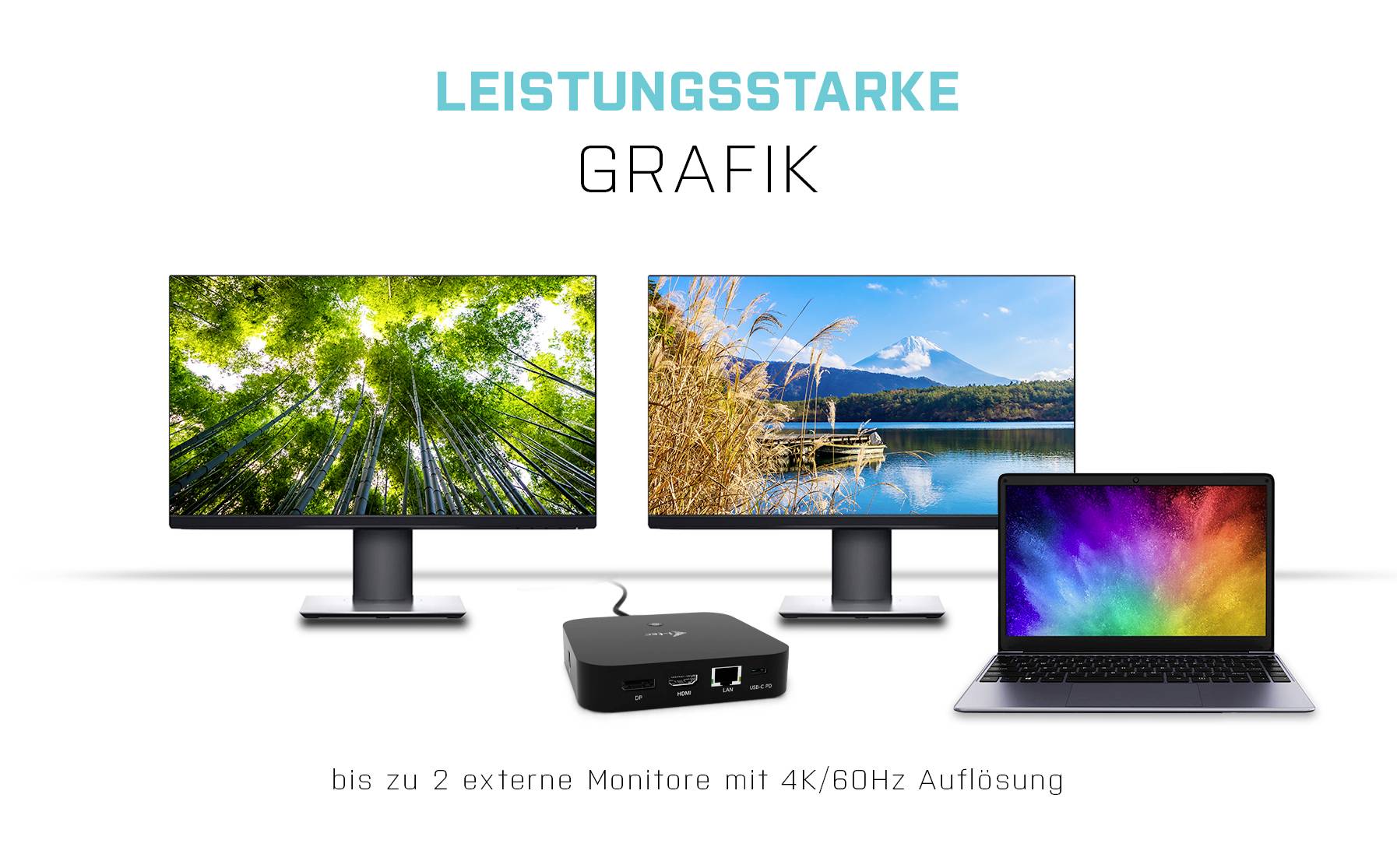 Výkonná grafika se dvěma 4K monitory, laptopem a dokovací stanicí s USB porty podporující dva monitory.