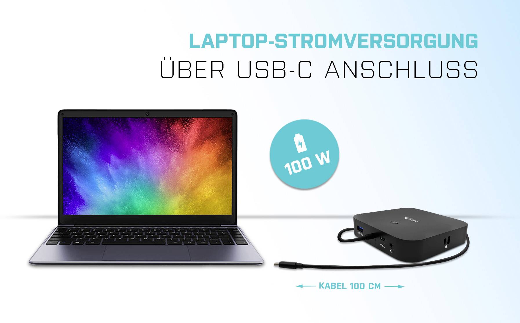 Notebook vedle USB-C napájení o výkonu 100 W. Notebook zobrazuje barevný displej, kabel je dlouhý 100 cm.