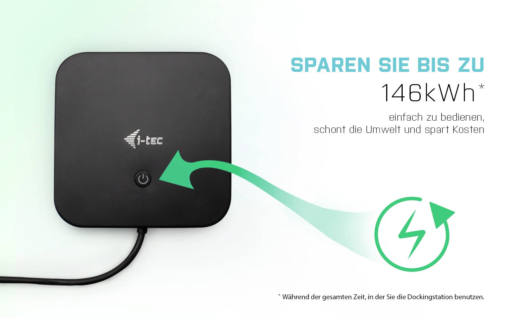 Černé zařízení s vypínačem ukazuje, že lze ušetřit až 146 kWh. Text zdůrazňuje ekologičnost a úsporu nákladů.