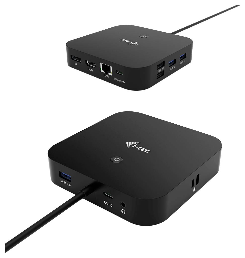 Černá dokovací stanice USB-C s několika porty, včetně USB, HDMI, Ethernetu a audio konektoru, ukazuje rozšířené možnosti připojení.