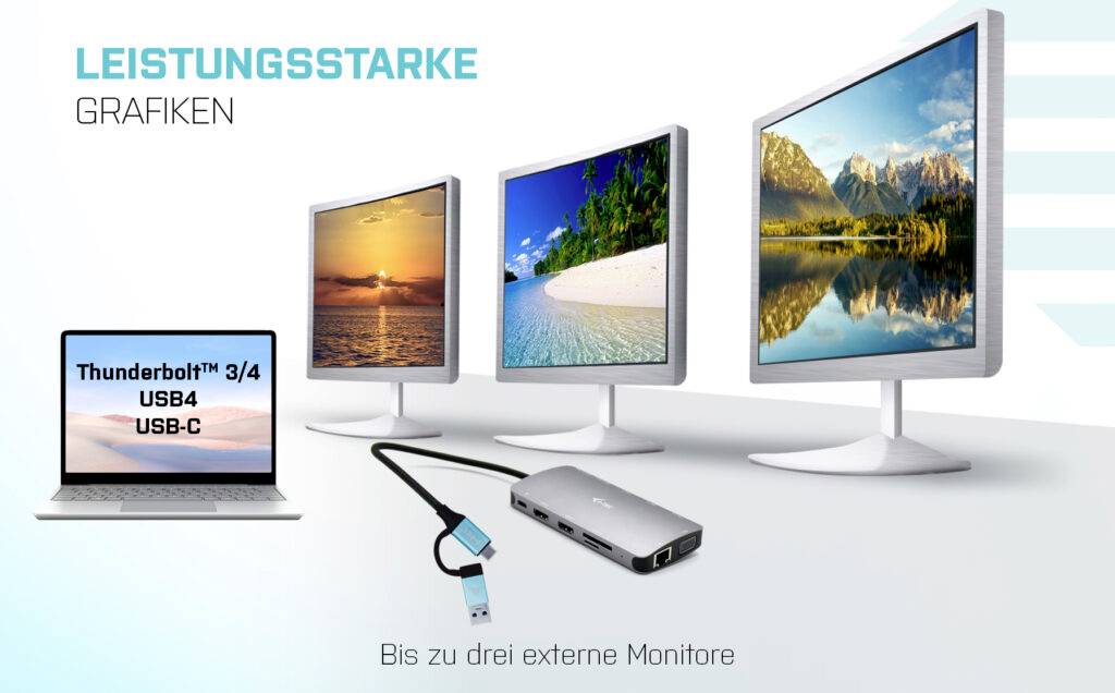 Výkonná grafika: Tři monitory s přírodními motivy jsou připojeny k laptopu prostřednictvím adaptéru podporujícího Thunderbolt, USB4 a USB-C.