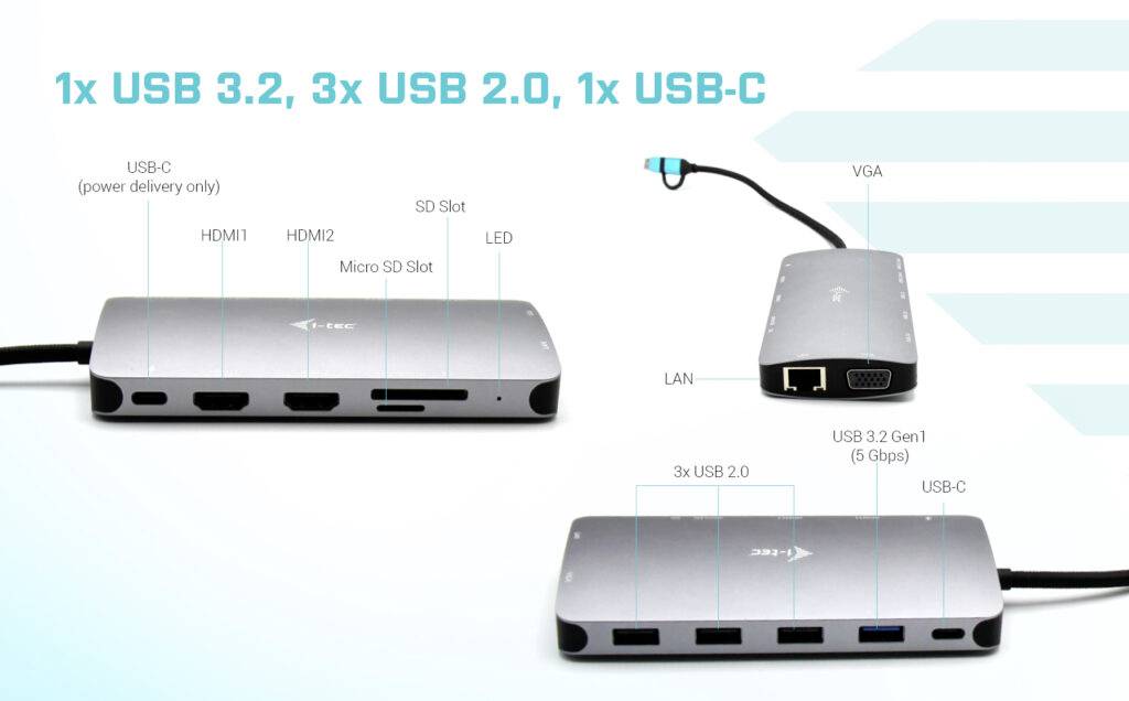 Hub s připojením: 1x USB 3.2, 3x USB 2.0, 1x USB-C, HDMI, VGA, čtečka SD karet, LAN. Vhodný pro všestranné možnosti připojení.