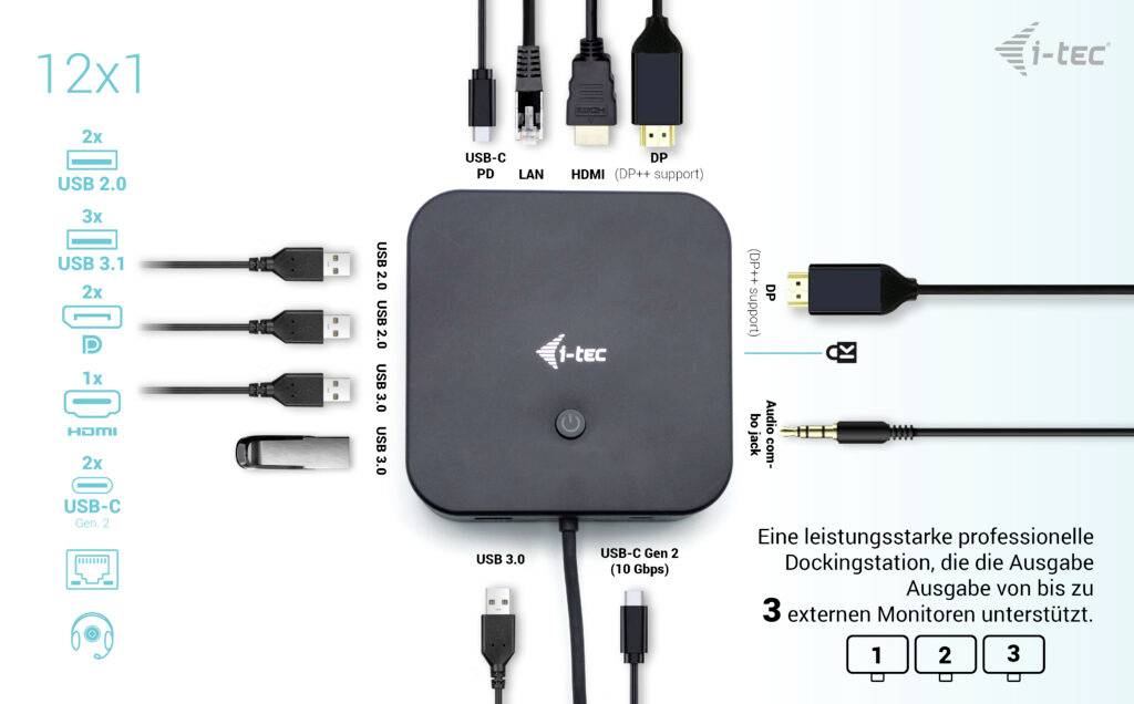 USB-C dokovací stanice s více porty: 2x USB 2.0, 3x USB 3.1 Gen 1, 1x USB 3.1 Gen 2, HDMI, LAN, DisplayPort, Audio. Podporuje až 3 monitory.