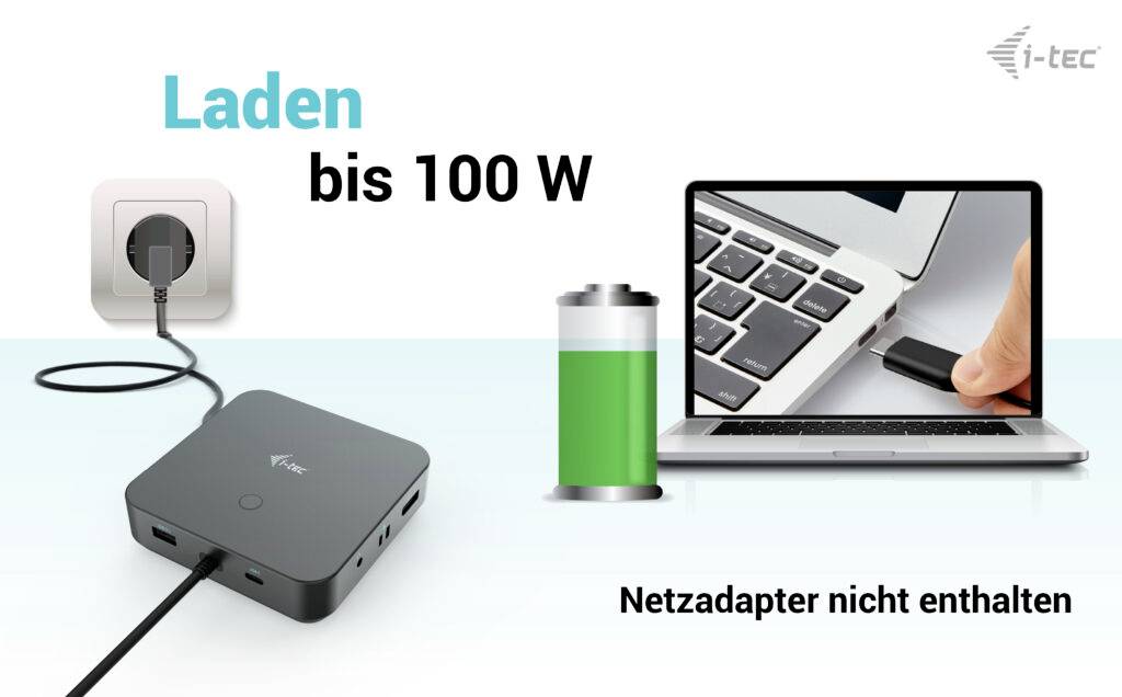 Nabíjení až 100 W: USB-C rozbočovač je připojen k elektrické zásuvce a nabíjí notebook. Síťový adaptér není součástí balení.
