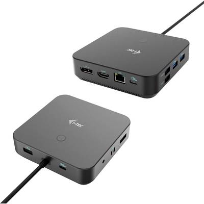 Jsou zobrazeny dvě černé USB dokovací stanice s několika porty, včetně HDMI, Ethernetu a USB.