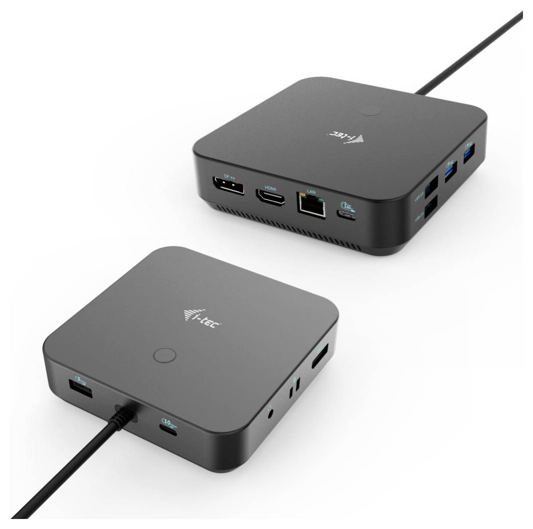 Černé, obdélníkové zařízení s několika USB porty, HDMI, ethernetem a napájecím konektorem. Vhodné pro připojení k monitorům a dalším zařízením.