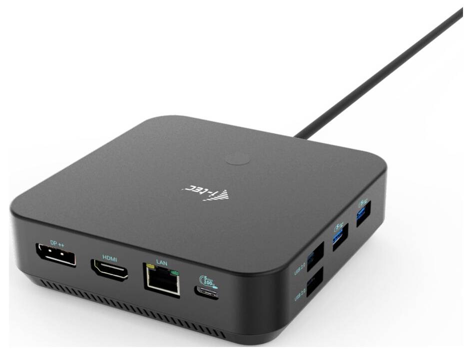 Černý, čtvercový adaptér s konektory pro DP, HDMI, LAN a několika USB porty.