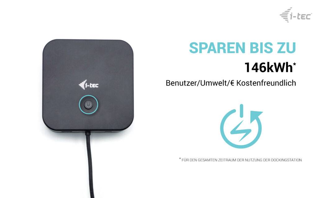 Černé elektronické zařízení s kabelem. Text: 'Úspora až 146 kWh' a symboly úspory energie a uživatelské přívětivosti.
