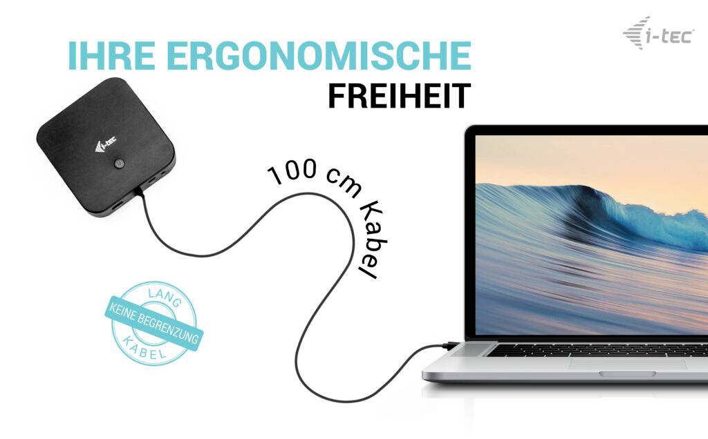 Laptop je propojen s malým zařízením 100 cm dlouhým kabelem. Text: 'VAŠE ERGONOMICKÁ SVOBODA', 'Dlouhý kabel, žádné omezení'.