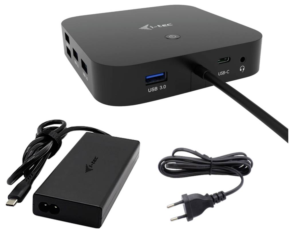 Černý USB-C dokovací rozbočovač s více porty, včetně USB 3.0, USB-C a audio. Samostatný napájecí adaptér a napájecí kabel.