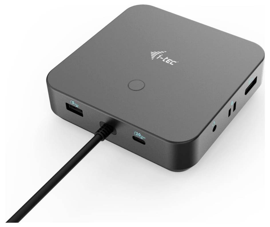 Černá dokovací stanice USB-C s několika porty na přední straně, s připojeným kabelem, vhodná pro laptopy a stolní počítače.