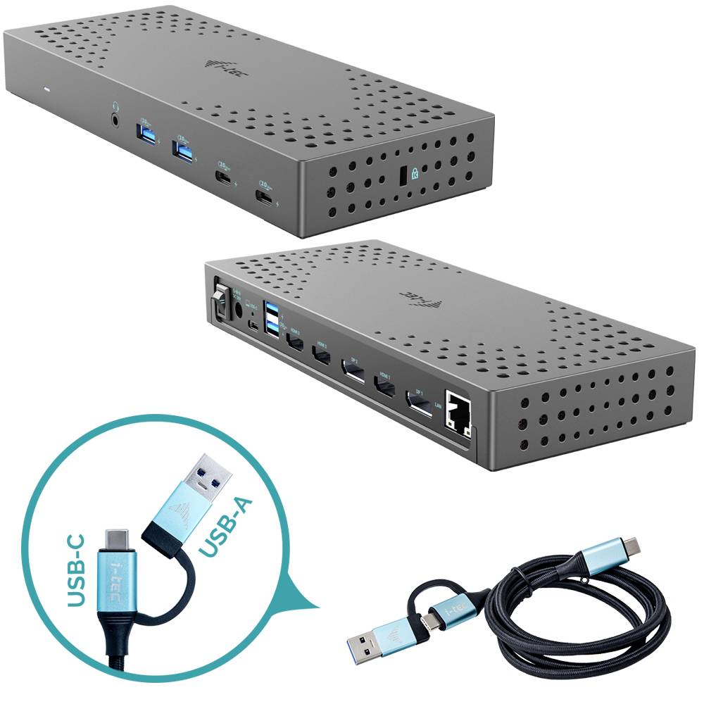 Šedá USB dokovací stanice s několika porty, včetně HDMI, USB a Ethernetu. Součástí je také USB-C na USB-A kabel.