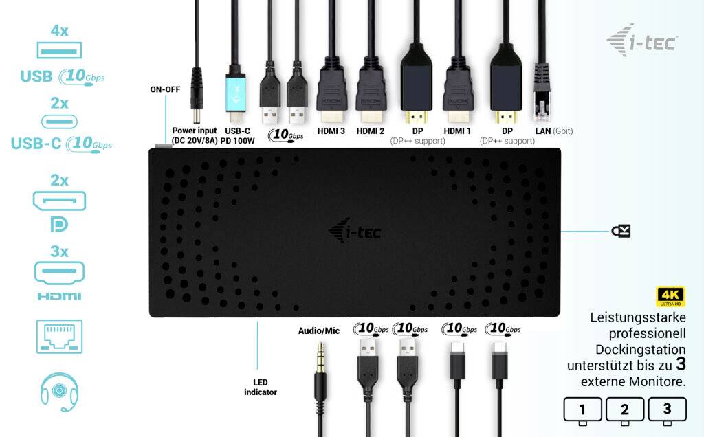 Dokovací stanice s 4x USB, 2x USB-C, 3x HDMI, porty DP, LAN a audio konektorem. Podporuje až 3 externí monitory v rozlišení 4K.