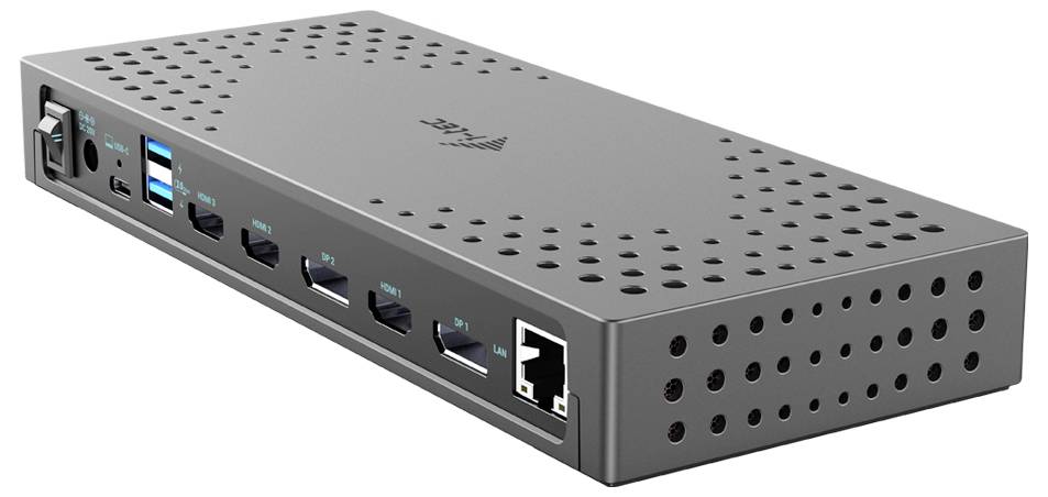 Šedý síťový switch s několika porty, včetně ethernetových a USB konektorů. Zařízení vykazuje větrací otvory a firemní logo na horní straně.