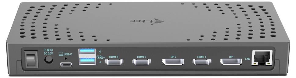 Šedé elektronické zařízení s několika konektory: USB, HDMI, DisplayPort a LAN. Nahoře jsou viditelné větrací štěrbiny.