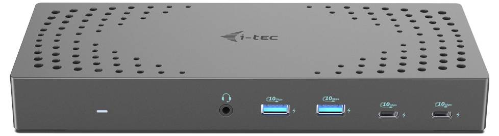Černá dokovací stanice i-tec s větracími otvory, dvěma USB-A porty, jedním USB-C portem a konektorem pro sluchátka vpředu.