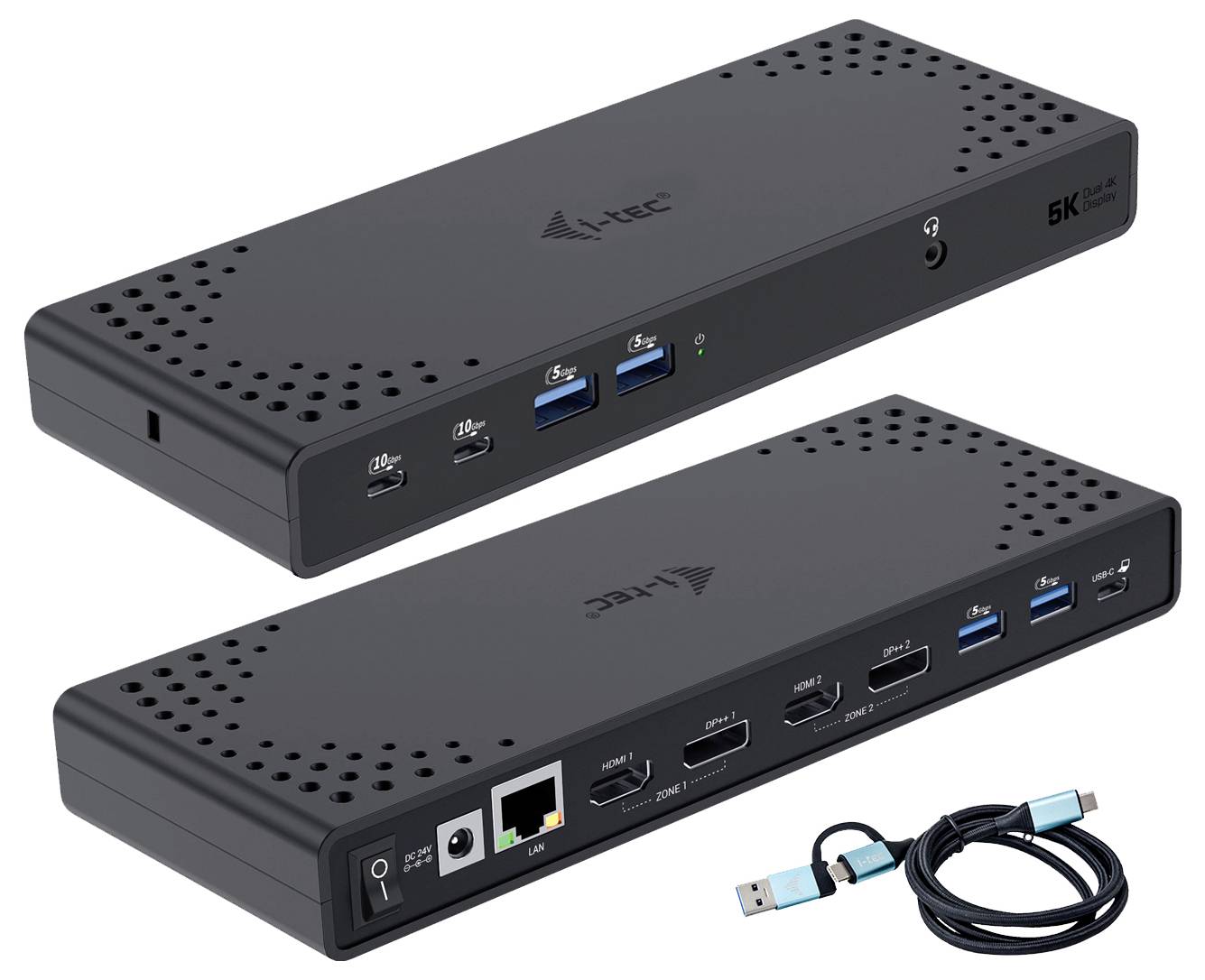 Černá dokovací stanice s několika porty, včetně USB-C, USB-A, HDMI, Ethernet a audio. K dispozici je USB-C kabel.