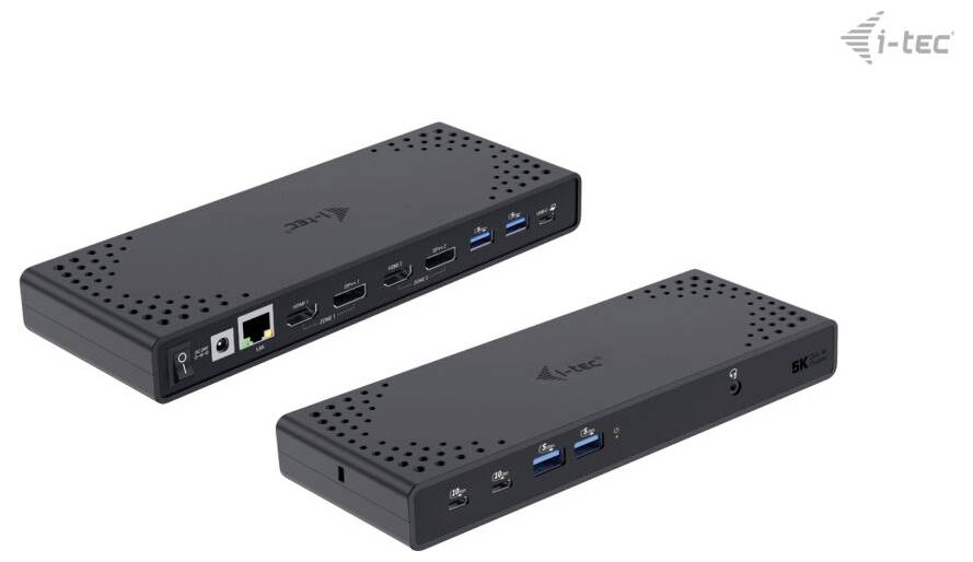 Dvě černé dokovací stanice s několika porty, včetně USB, HDMI, Ethernetu a audia. V pozadí je viditelné logo 'i-tec'.