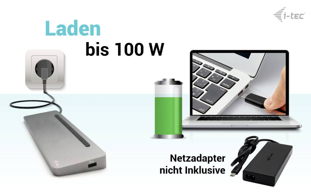 "Nabíjení až 100 W" zobrazuje zařízení s elektrickou zásuvkou a notebookem. Symbol baterie naznačuje napájení. "Síťový adaptér není součástí balení."