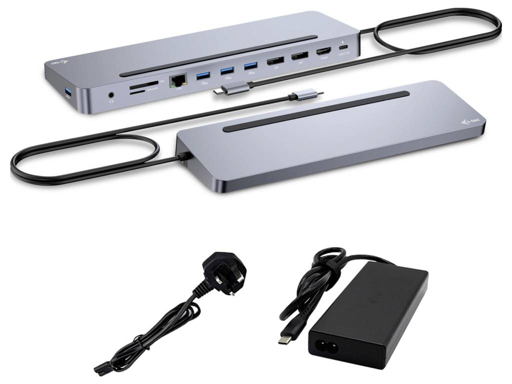 Dvě dokovací stanice s několika připojovacími možnostmi, včetně USB, HDMI a Ethernetu. Napájecí adaptér a kabely jsou rovněž zobrazeny.