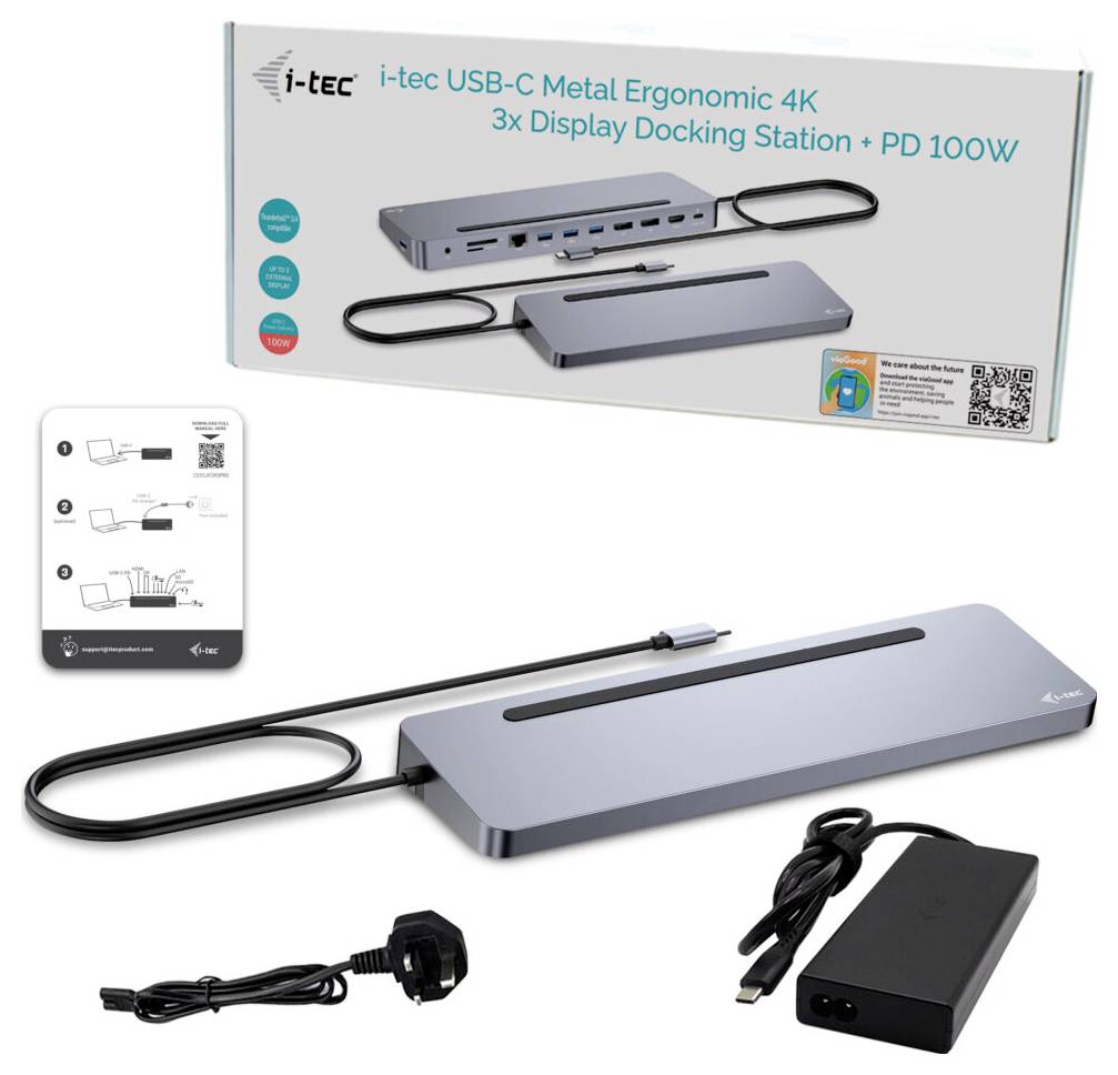 Dokovací stanice i-tec USB-C s rozlišením 4K, třemi displeji a 100W napájením, vyobrazená s napájecím adaptérem.