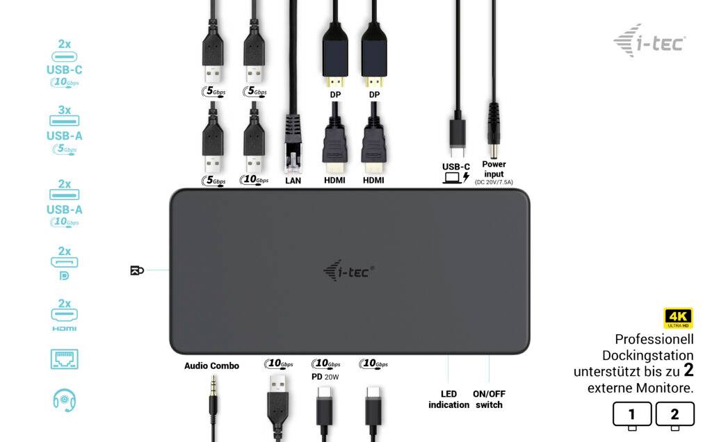 Dokovací stanice s konektory: 2x USB-C, 4x USB-A, LAN, 2x HDMI, 2x DisplayPort, kombinovaný audio konektor. Podporuje až 2 externí monitory.