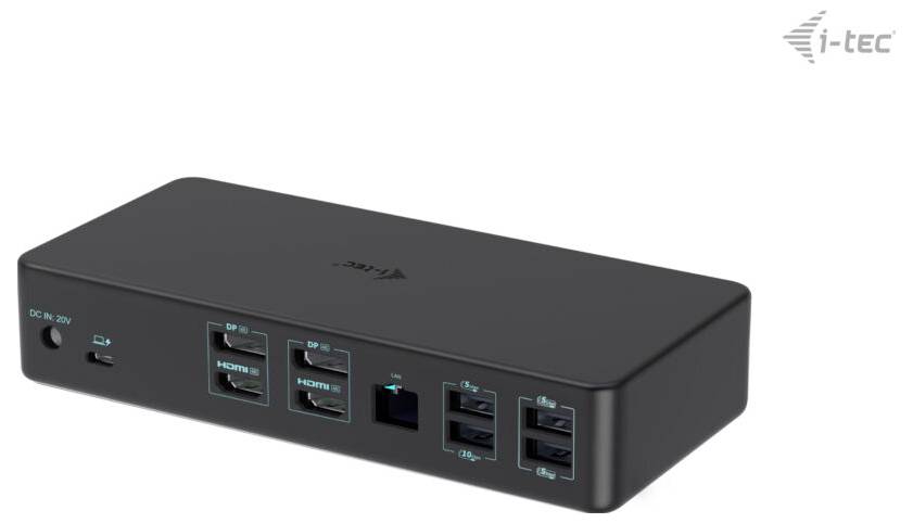 Černá dokovací stanice s několika HDMI a DisplayPort porty, USB konektory a napájecím vstupem. Vpravo nahoře logo i-tec.
