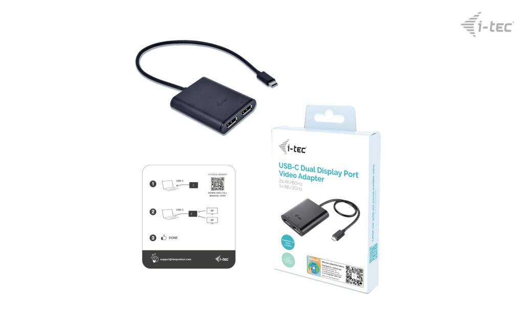Adaptér USB-C se dvěma display porty, černé barvy. Obal zobrazuje značku a adaptér. Diagram ilustruje způsob připojení.