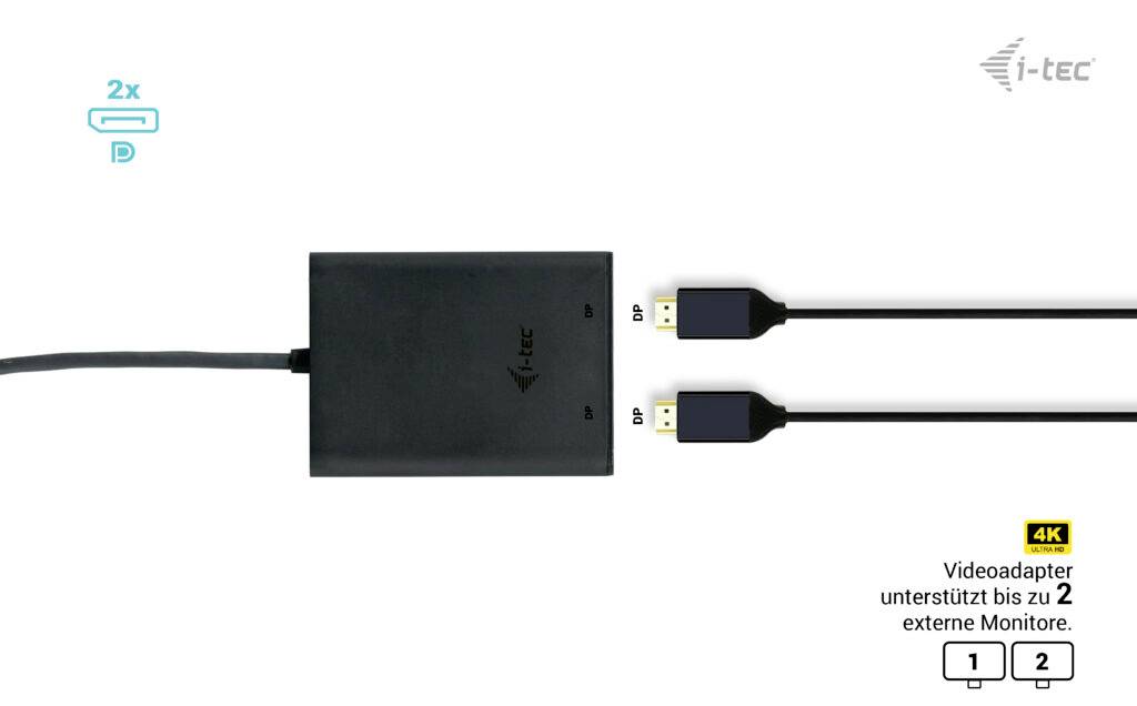 Černý videoadaptér je připojen dvěma HDMI kabely. Podporuje rozlišení 4K a až dva externí monitory.