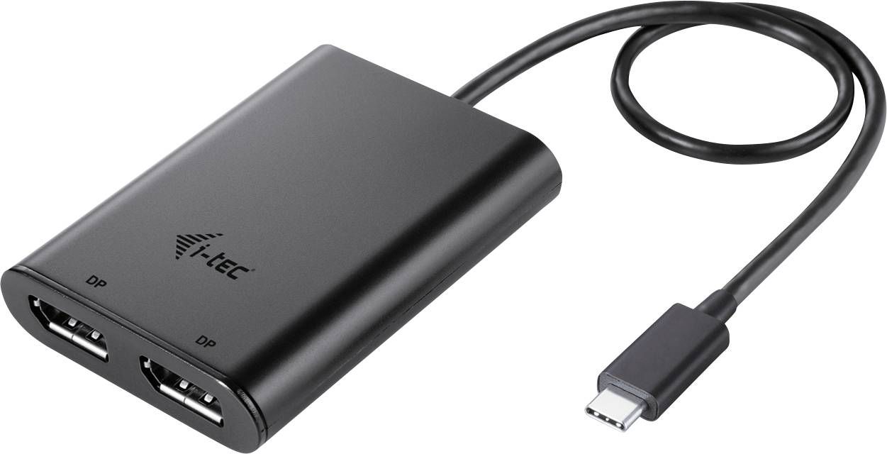 USB-C adaptér na duální DisplayPort od i-tec v černé barvě, který umožňuje připojení dvou monitorů k zařízení s USB-C.
