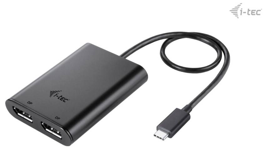 Černý adaptér se dvěma DisplayPort porty a kabelem USB-C. Logo značky viditelné na adaptéru.