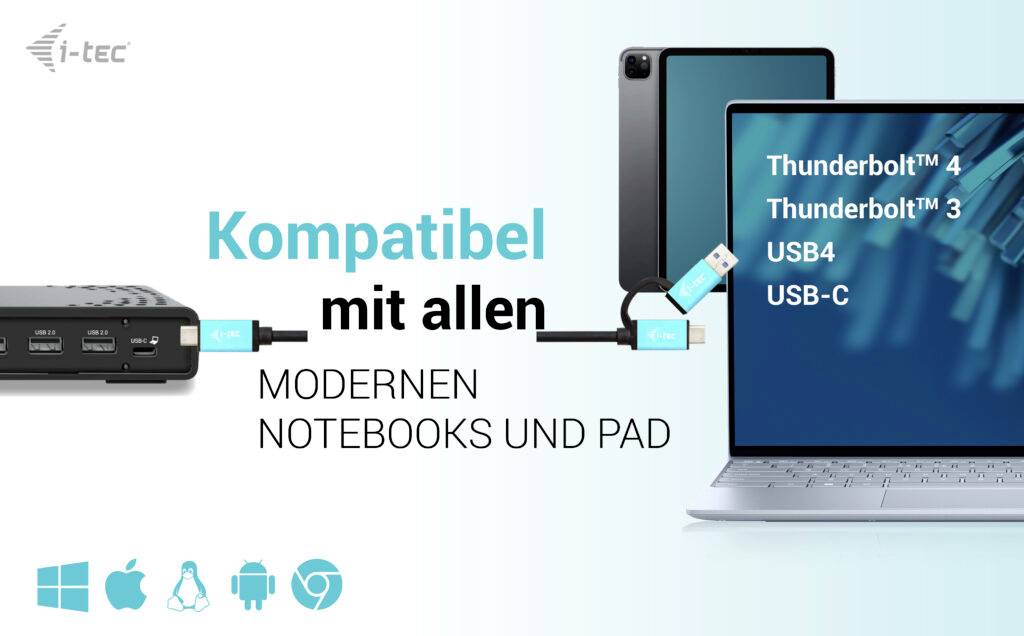 Na obrázku je zobrazena dokovací stanice, tablet a notebook. Text popisuje kompatibilitu s moderními notebooky a standardy USB.