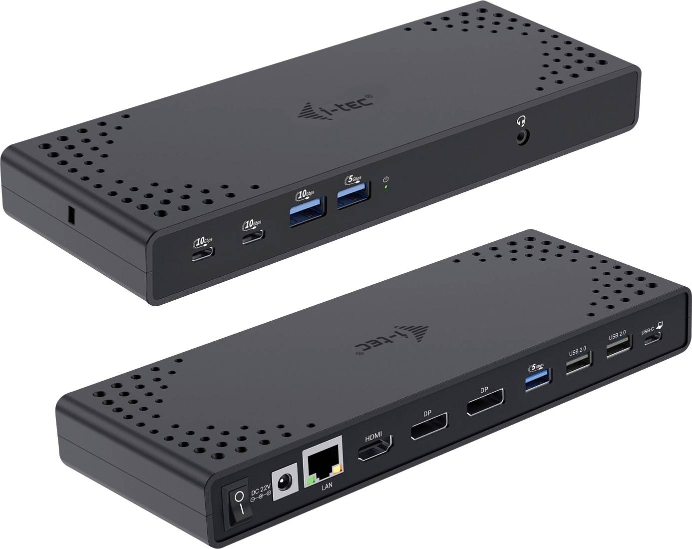 Dvě černé počítačové dokovací stanice s USB-C, USB 3.0, HDMI a ethernetovými porty; volně stojící na bílém pozadí.