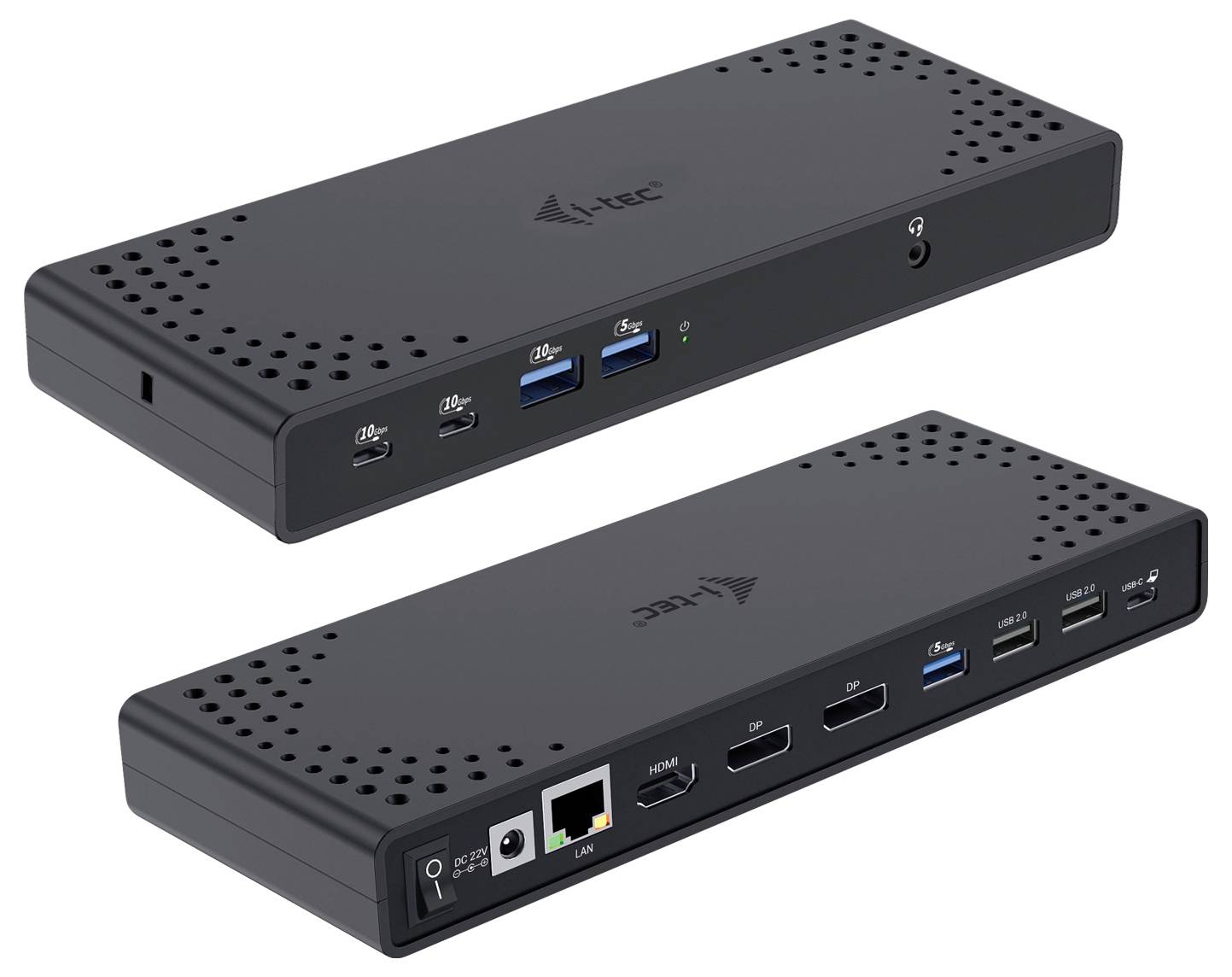 Černá dokovací stanice s více porty, včetně USB-C, USB-A, HDMI, LAN a Audio. Vhodná pro rozšířené připojení.