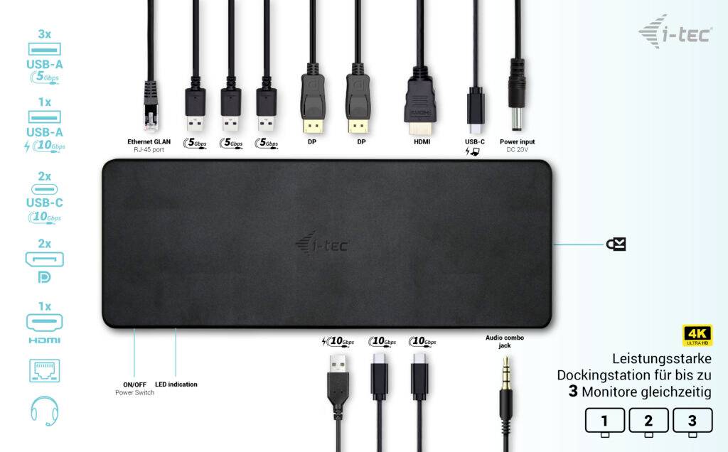 Výkonná dokovací stanice pro současné připojení až 3 monitorů s podporou 4K rozlišení, včetně různých možností připojení.