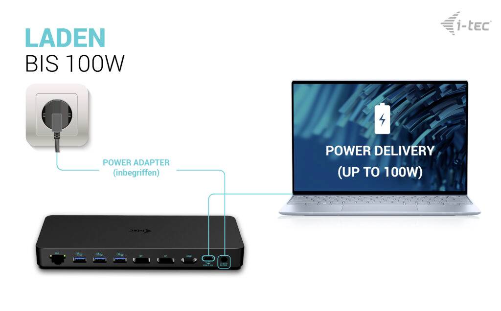 Laptop připojený k dokovací stanici pomocí napájecího adaptéru. Nápis: NAPÁJENÍ (AŽ 100W). Dokovací stanice má několik USB portů.